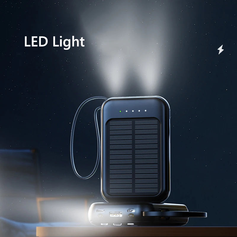 Ηλιακό Power Bank Υψηλής Χωρητικότητας με Ενσωματωμένα Καλώδια – Φορητός Φορτιστής Solar Charger με 2 Θύρες USB & Δυνατό Φακό LED