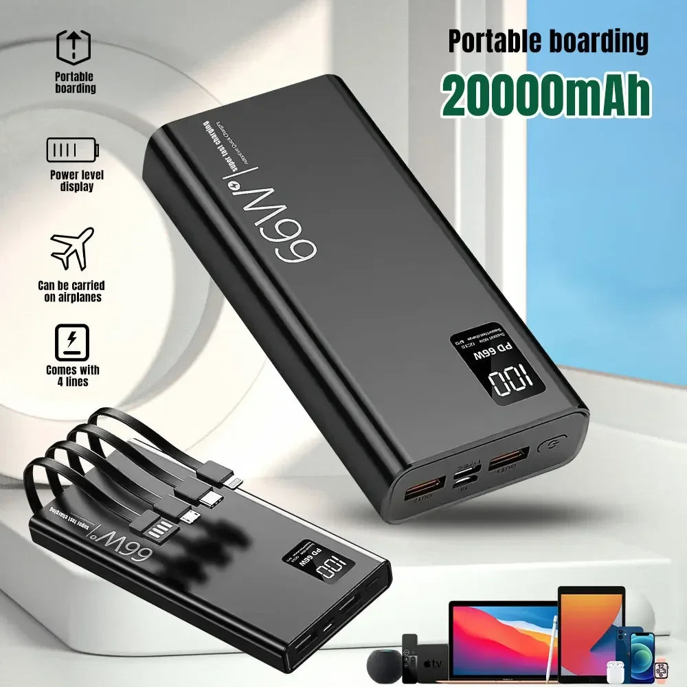 Φορητό Power Bank Μεγάλης Χωρητικότητας 66W Super Fast Charging – Ψηφιακός Φορτιστής Ταχείας Φόρτισης με 4 Ενσωματωμένα Καλώδια για iPhone, Samsung & Xiaomi