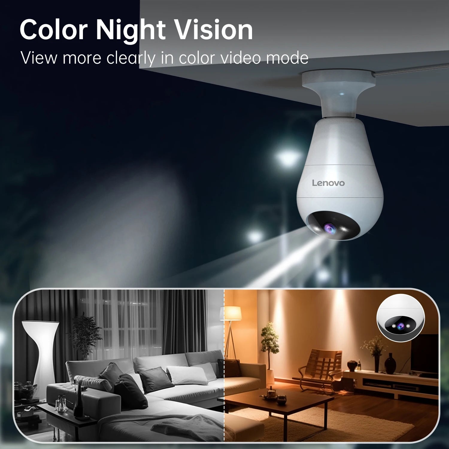 Lenovo Έξυπνη Κάμερα Παρακολούθησης WiFi 3MP E27 Bulb – Πανοραμική Κάμερα-Λάμπα IP 360° με Έγχρωμη Νυχτερινή Όραση & Ανίχνευση Κίνησης AI