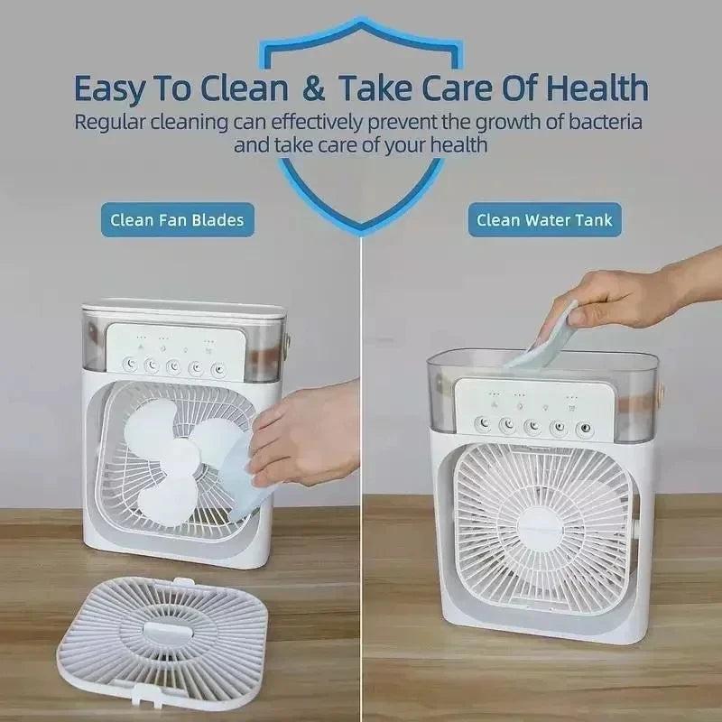 Φορητό Mini Air Cooler & Υγραντήρας 3-σε-1 USB – Επιτραπέζιο Μίνι Κλιματιστικό με Φωτισμό LED, 3 Ταχύτητες & Δοχείο Πάγου/Νερού
