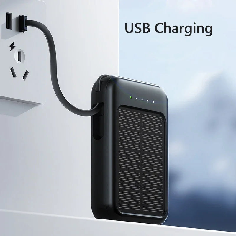 Ηλιακό Power Bank Υψηλής Χωρητικότητας με Ενσωματωμένα Καλώδια – Φορητός Φορτιστής Solar Charger με 2 Θύρες USB & Δυνατό Φακό LED