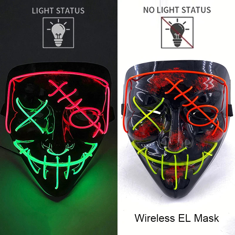 Ασύρματη Μάσκα Neon LED Purge – Φωτιζόμενη Αποκριάτικη Μάσκα Halloween Glow in The Dark για Cosplay, Θεματικά Πάρτι & Μασκέ