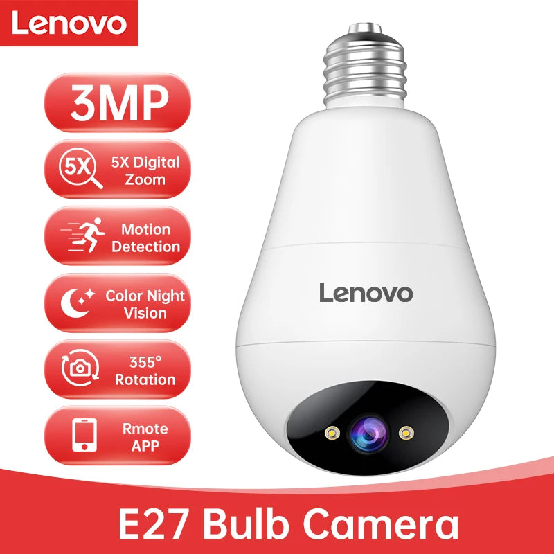 Lenovo Έξυπνη Κάμερα Παρακολούθησης WiFi 3MP E27 Bulb – Πανοραμική Κάμερα-Λάμπα IP 360° με Έγχρωμη Νυχτερινή Όραση & Ανίχνευση Κίνησης AI
