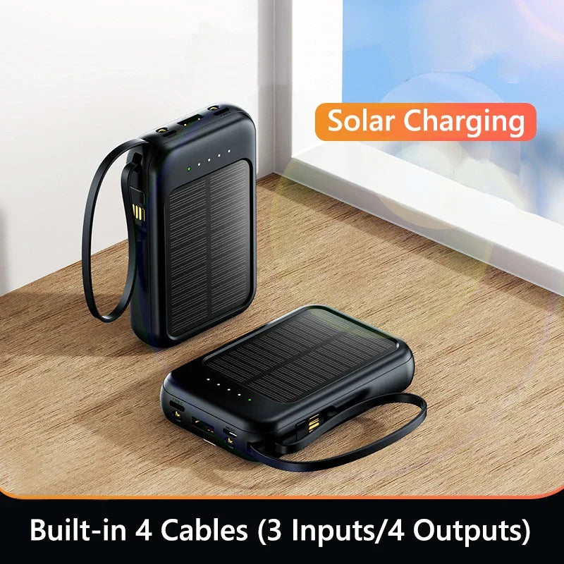 Ηλιακό Power Bank Υψηλής Χωρητικότητας με Ενσωματωμένα Καλώδια – Φορητός Φορτιστής Solar Charger με 2 Θύρες USB & Δυνατό Φακό LED