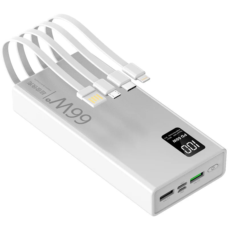Φορητό Power Bank Μεγάλης Χωρητικότητας 66W Super Fast Charging – Ψηφιακός Φορτιστής Ταχείας Φόρτισης με 4 Ενσωματωμένα Καλώδια για iPhone, Samsung & Xiaomi