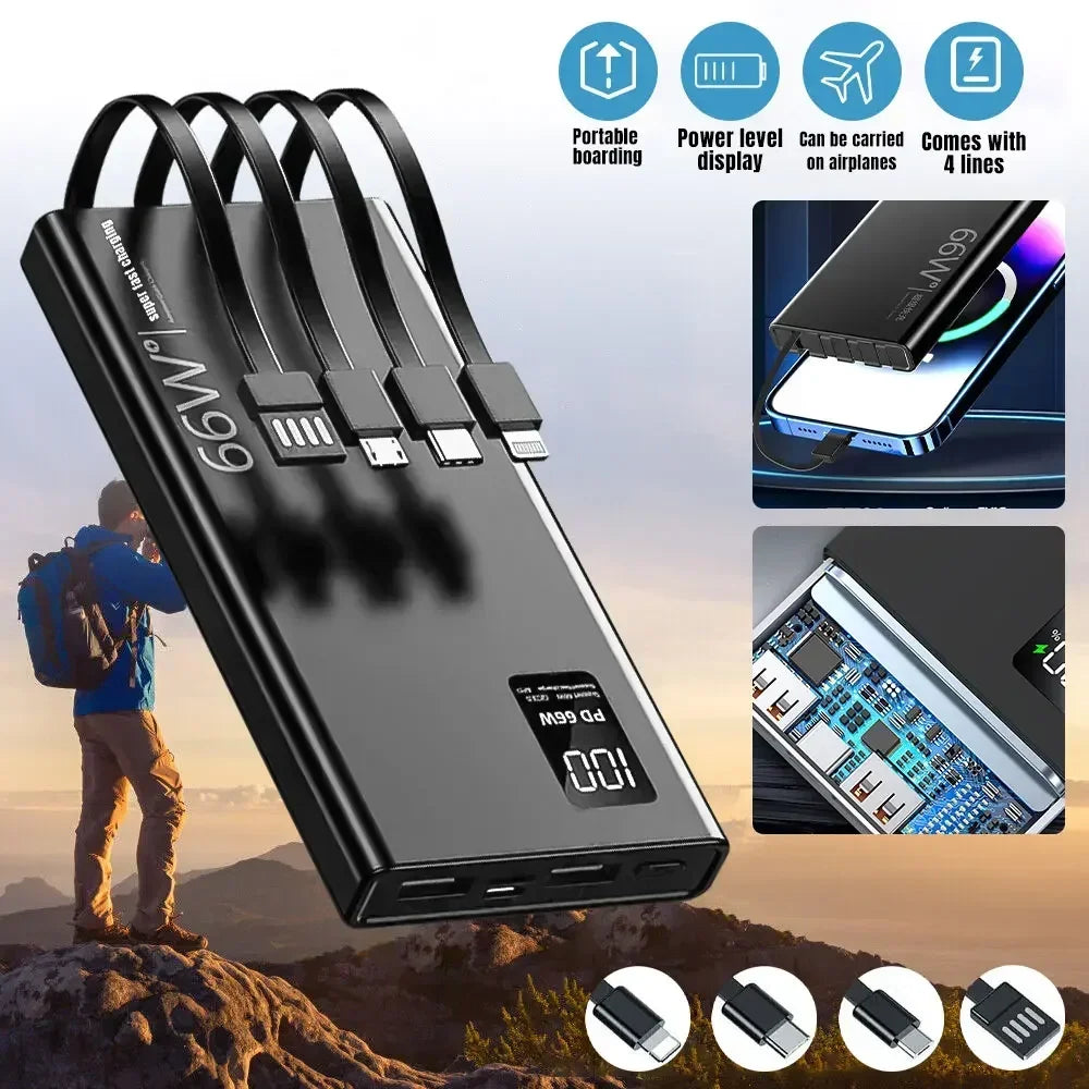 Φορητό Power Bank Μεγάλης Χωρητικότητας 66W Super Fast Charging – Ψηφιακός Φορτιστής Ταχείας Φόρτισης με 4 Ενσωματωμένα Καλώδια για iPhone, Samsung & Xiaomi