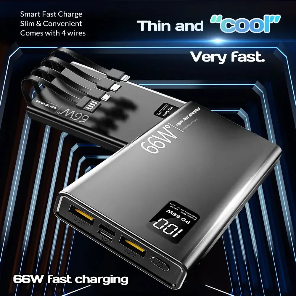 Φορητό Power Bank Μεγάλης Χωρητικότητας 66W Super Fast Charging – Ψηφιακός Φορτιστής Ταχείας Φόρτισης με 4 Ενσωματωμένα Καλώδια για iPhone, Samsung & Xiaomi