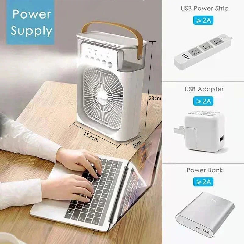 Φορητό Mini Air Cooler & Υγραντήρας 3-σε-1 USB – Επιτραπέζιο Μίνι Κλιματιστικό με Φωτισμό LED, 3 Ταχύτητες & Δοχείο Πάγου/Νερού