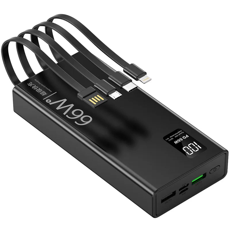 Φορητό Power Bank Μεγάλης Χωρητικότητας 66W Super Fast Charging – Ψηφιακός Φορτιστής Ταχείας Φόρτισης με 4 Ενσωματωμένα Καλώδια για iPhone, Samsung & Xiaomi