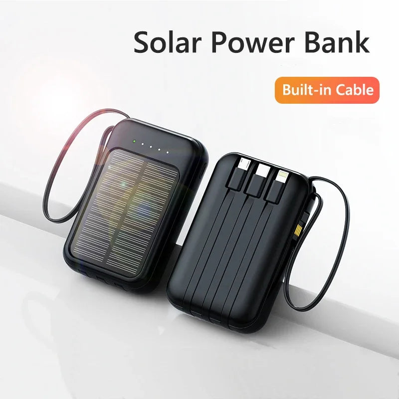 Ηλιακό Power Bank Υψηλής Χωρητικότητας με Ενσωματωμένα Καλώδια – Φορητός Φορτιστής Solar Charger με 2 Θύρες USB & Δυνατό Φακό LED