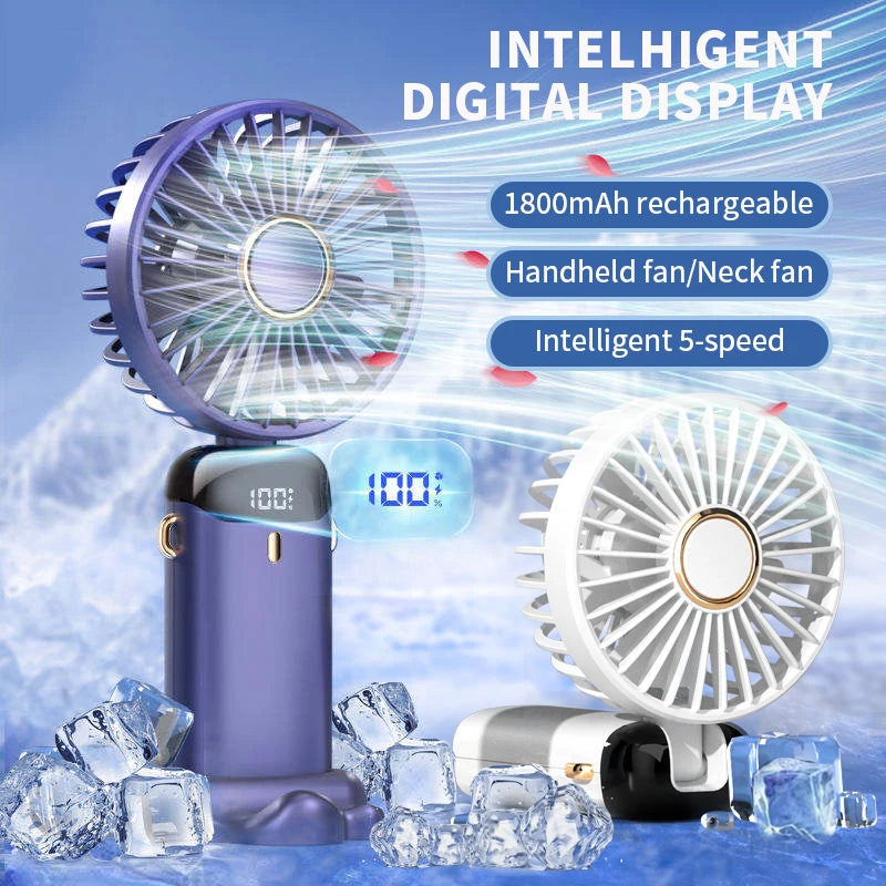 Φορητό Mini Ανεμιστηράκι Χειρός & Λαιμού USB – Αναδιπλούμενος Ανεμιστήρας 5 Ταχυτήτων με Βάση Κινητού, Ψηφιακή Οθόνη & Μπαταρία 1800mAh