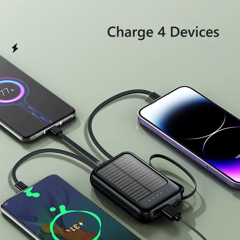 Ηλιακό Power Bank Υψηλής Χωρητικότητας με Ενσωματωμένα Καλώδια – Φορητός Φορτιστής Solar Charger με 2 Θύρες USB & Δυνατό Φακό LED