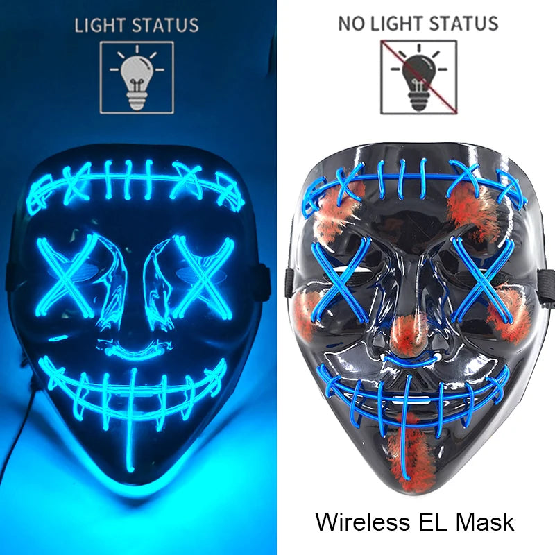 Ασύρματη Μάσκα Neon LED Purge – Φωτιζόμενη Αποκριάτικη Μάσκα Halloween Glow in The Dark για Cosplay, Θεματικά Πάρτι & Μασκέ